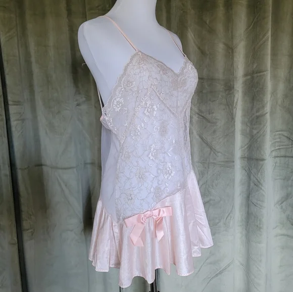 Vintage Coquette Girlypop Feminine Girly Balletcore Sheer Lace Pink Slip Dress - Picture 11 of 11